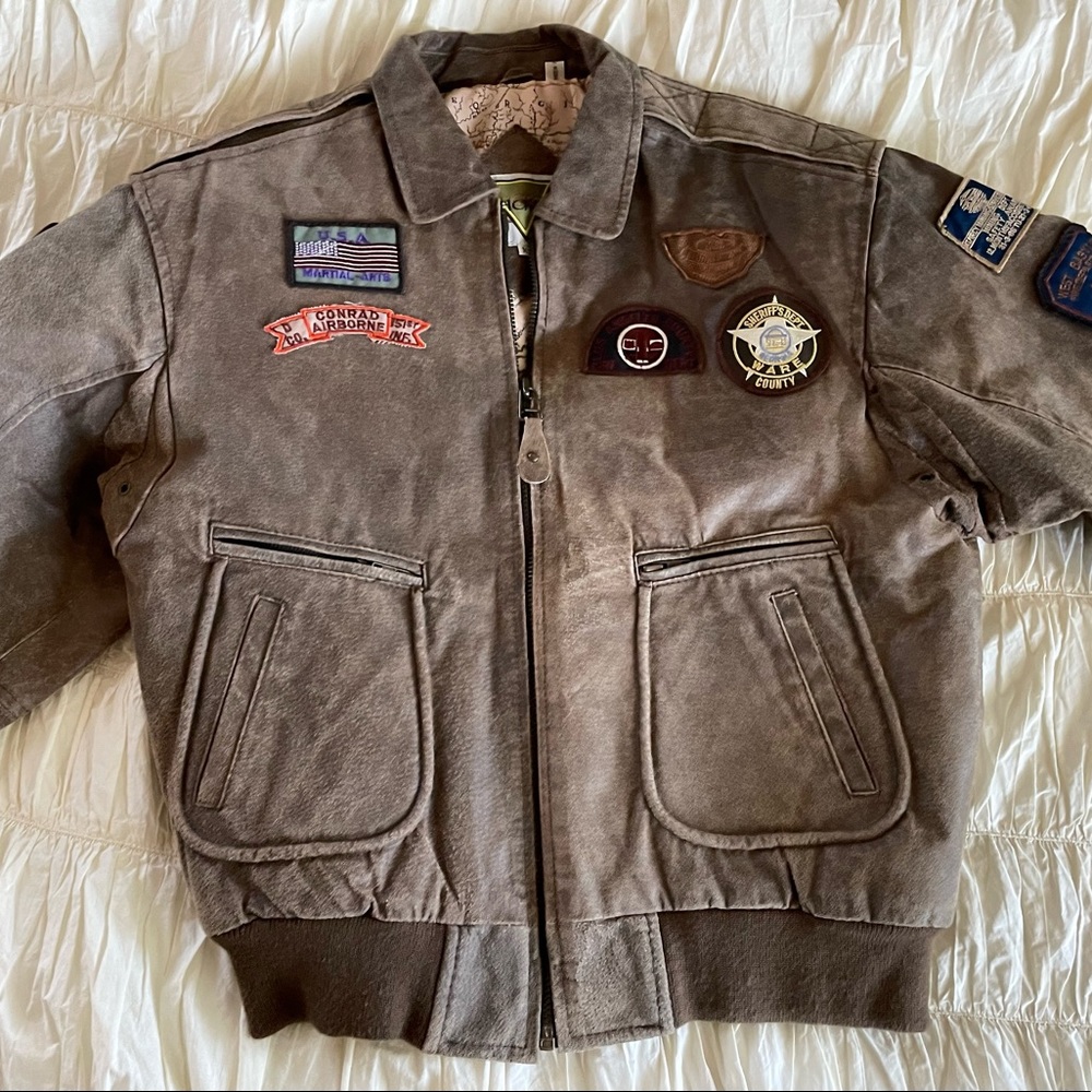 Vintage brown distressed leather aviator bomber jacket patches 80s 90s